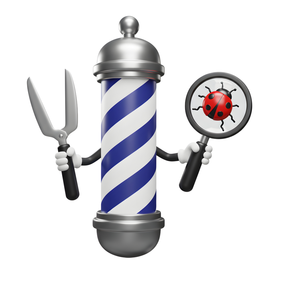 A charming barber pole cartoon holds barber shears and a magnifying glass revealing a ladybug. Playful and inviting, it hints at precision and attention to detail. png