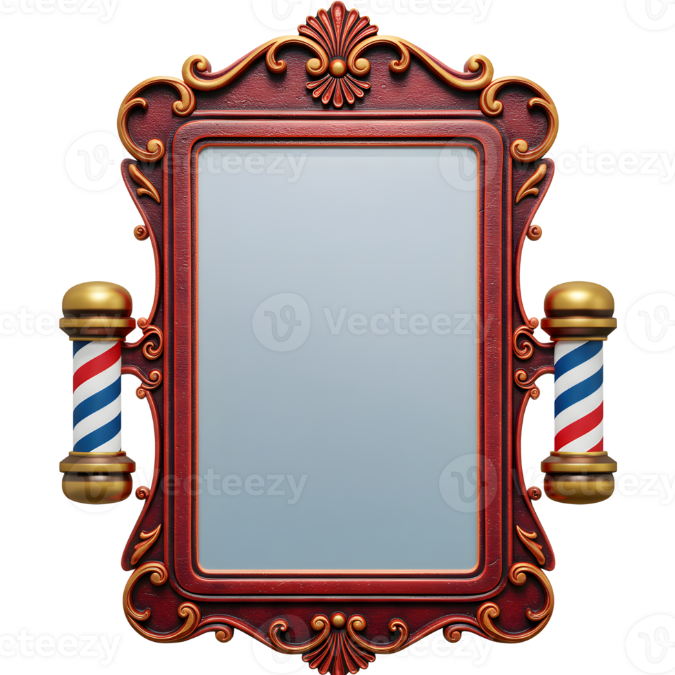 A vintage-style barbershop mirror, rich in detail, stands proudly with its ornate frame and classic red, white, and blue barber poles. A timeless, elegant design. png