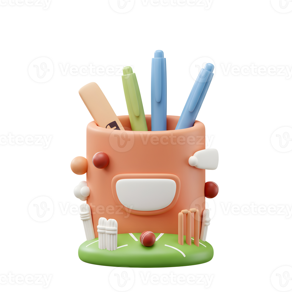 A charming pastel pen holder shaped like a cricket pitch Pens peek out from a cute, orange container, surrounded by cricket wickets and balls. Fun and whimsical png