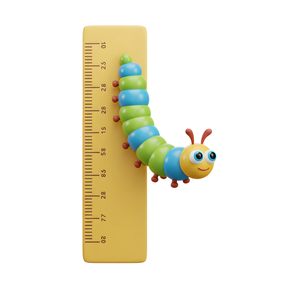 A cute, colorful caterpillar playfully climbs a ruler, its bright segments contrasting against the warm yellow. A charming, childlike scene png