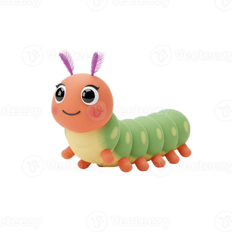 A cheerful caterpillar smiles, its green segments contrasting with an orange head and purple antennae. Sweet and charming, this 3D design evokes joy. png