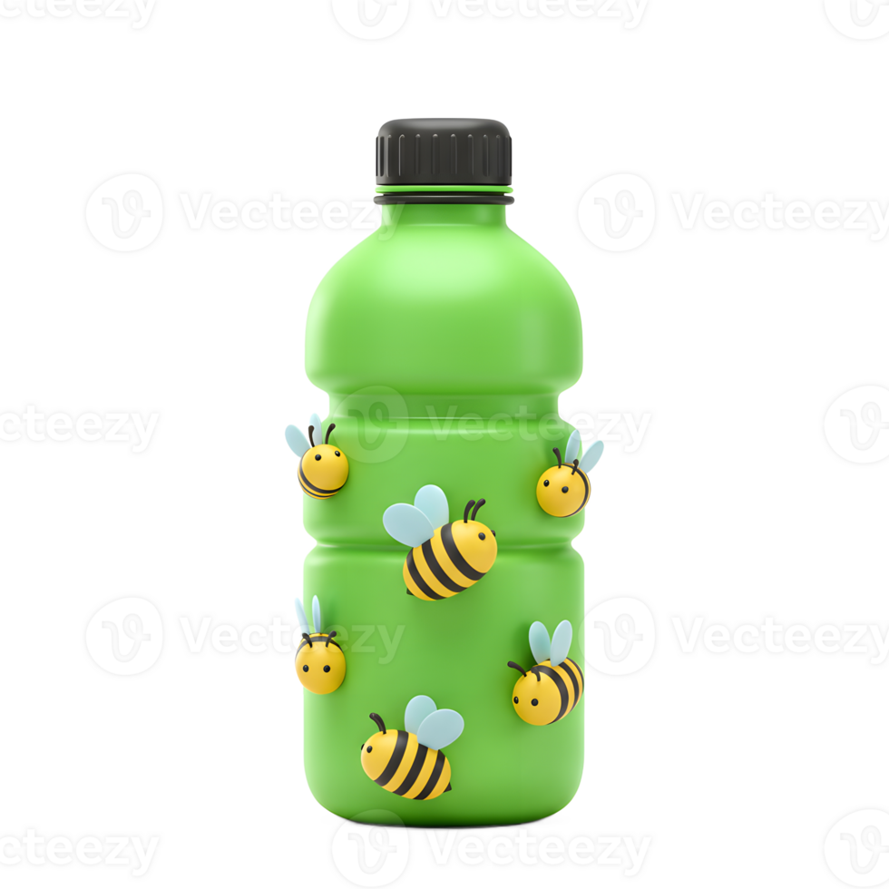 A cheerful green bottle adorned with cute cartoon bees creates a playful and refreshing summer vibe. The bright colors and simple design evoke a happy, lighthearted mood. png