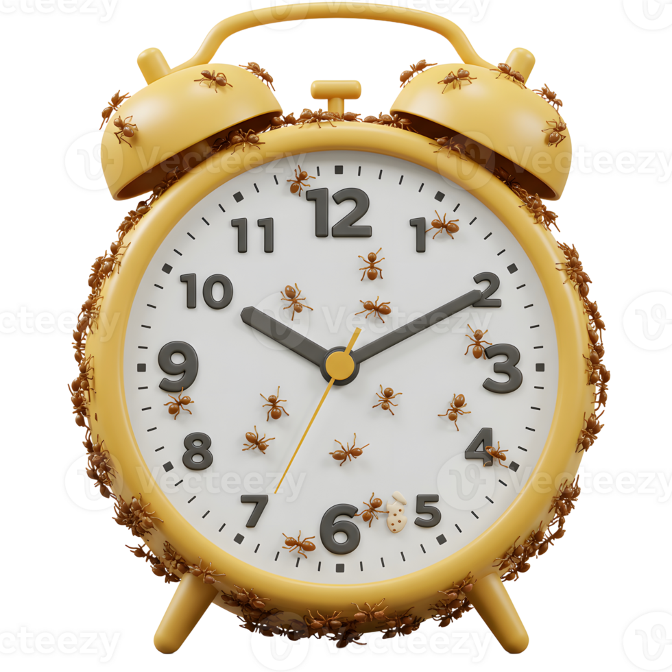A playful 3D rendering shows a yellow alarm clock overrun by tiny ants. The scene is lighthearted, with ants crawling everywhere. A touch of whimsy png