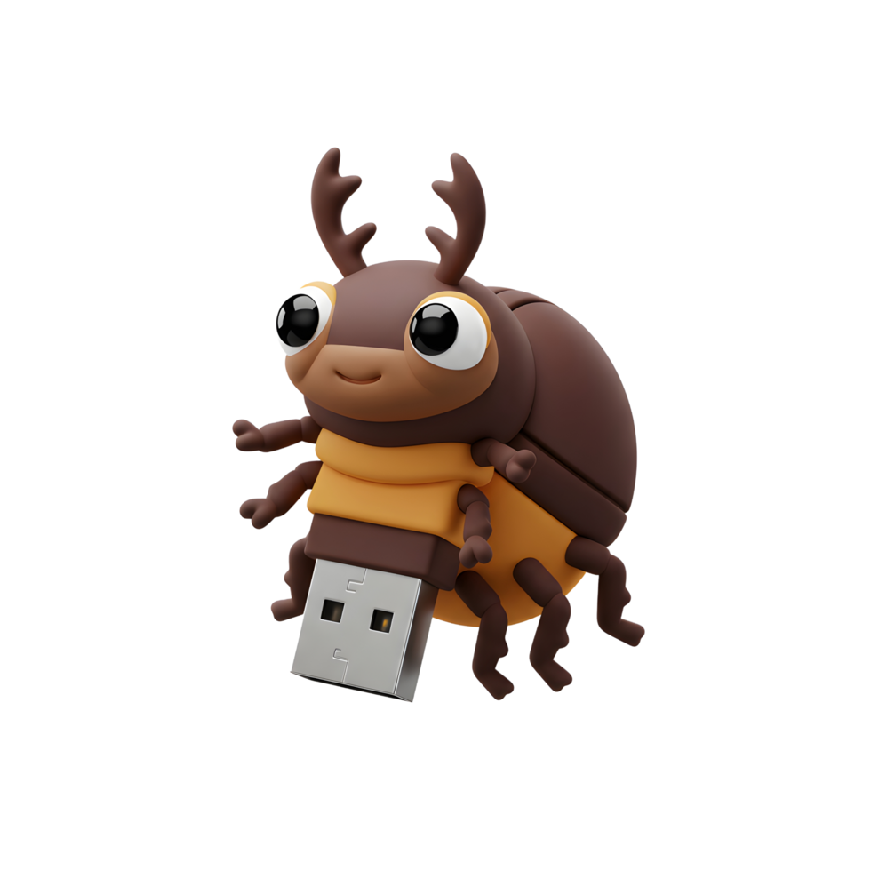 A cute, brown beetle-shaped USB drive, whimsically designed with big eyes and orange accents. It's a playful yet functional tech accessory. png