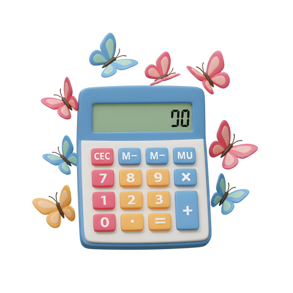 A cheerful blue calculator displays '00', encircled by pastel butterflies in flight. The scene evokes a playful, lighthearted mood. png
