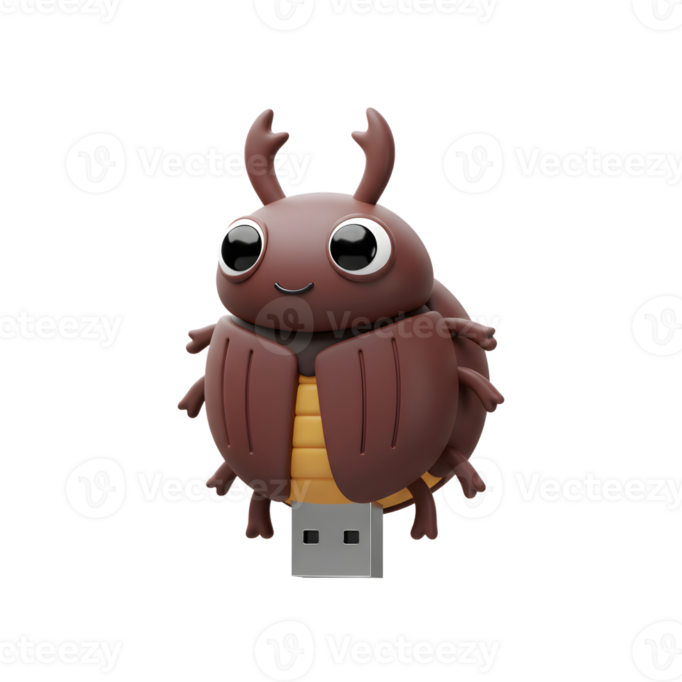 A delightful brown beetle adorns this USB drive, its large eyes and cheerful smile adding a touch of whimsy to digital storage. A cute and fun tech accessory png