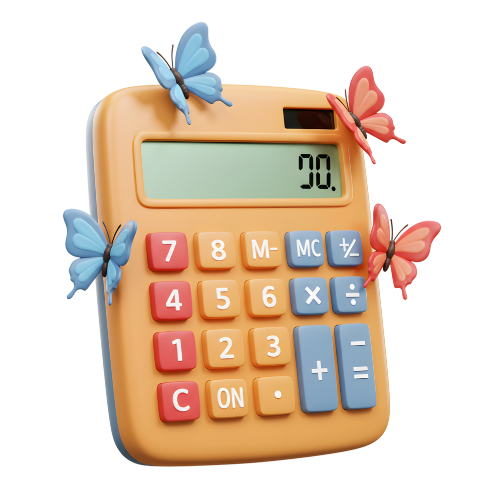 A cheerful orange calculator is adorned with vibrant butterflies, creating a playful and lighthearted mood. The scene is bright and fun, perfect for a spring or summer theme. png