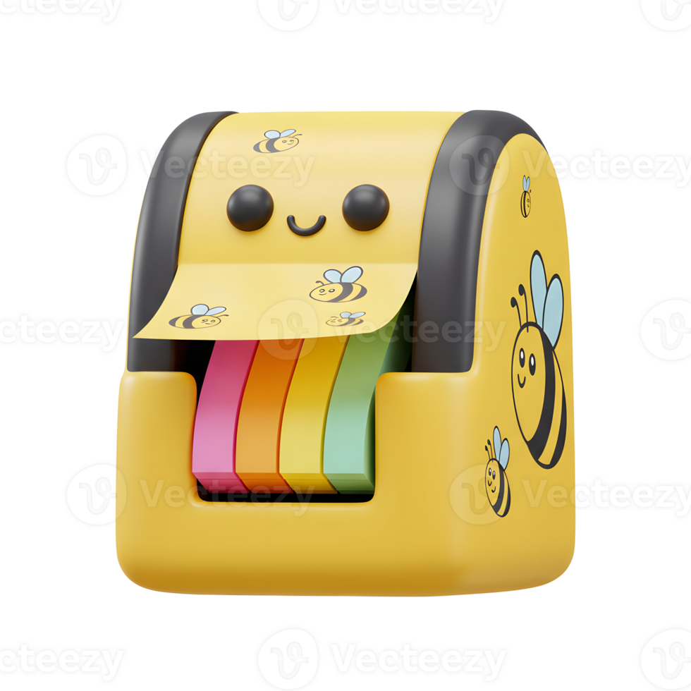 A cute, yellow dispenser smiles as it dispenses rainbow sticky notes. Bee motifs add a playful touch, creating a cheerful and fun desk accessory. png