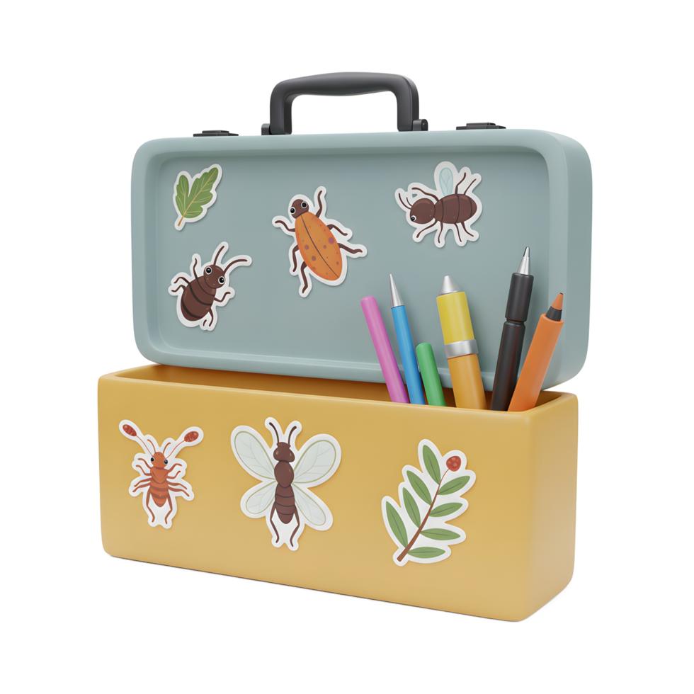 A delightful two-toned carry case showcases charming insect stickers and vibrant colored pencils. A playful, cheerful mood is conveyed. png