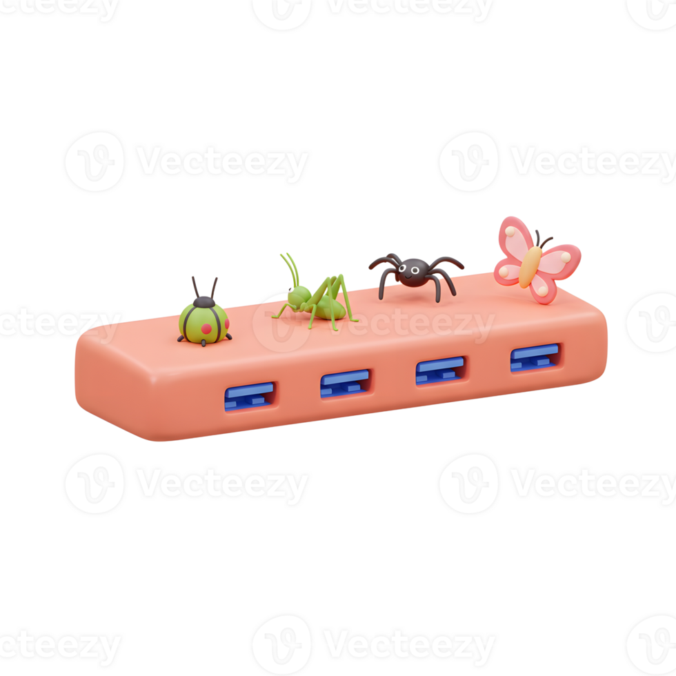 Adorable cartoon insects ladybug, grasshopper, spider, butterfly grace a coral USB hub. A charming, playful scene png