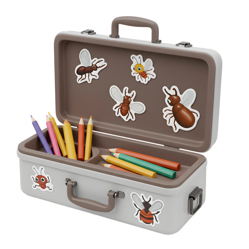 A delightful vintage-style suitcase holds a vibrant collection of colored pencils, adorned with whimsical insect stickers. The scene evokes a playful and cheerful mood. png