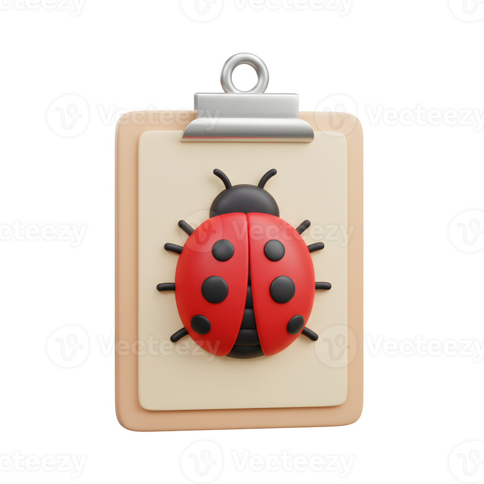 A cheerful ladybug, rendered in a cute 3D style, sits center stage on a simple clipboard. The scene is lighthearted and playful. png