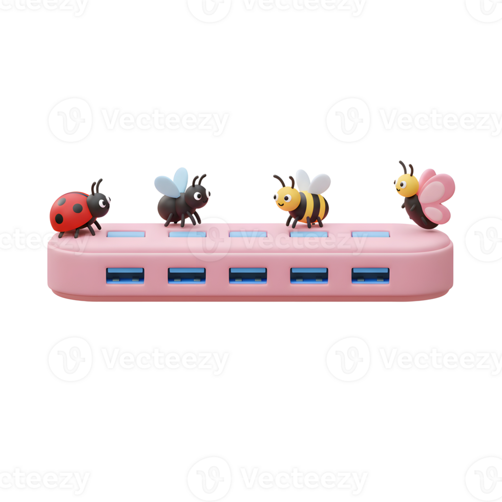 Adorable ladybug, ants, and bees playfully stroll atop a pink USB hub. A charming, whimsical scene full of cheerful energy png