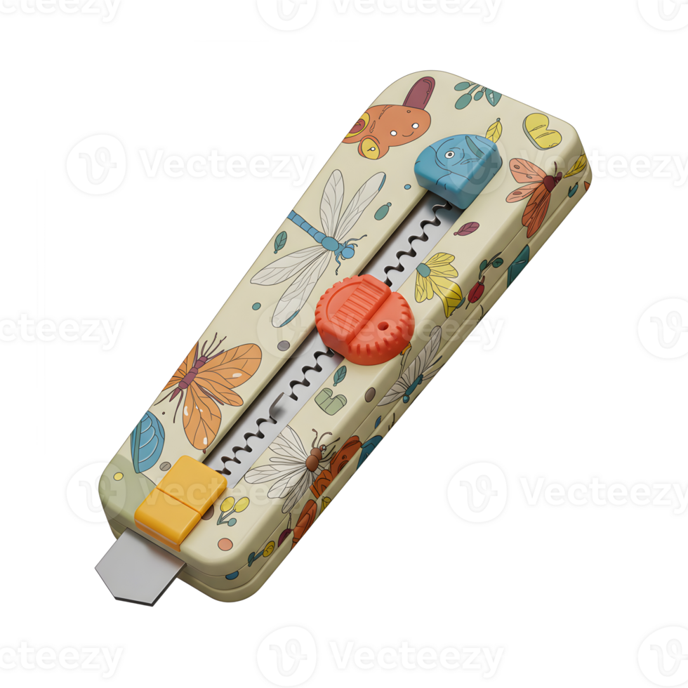 A delightful utility cutter showcases a charming design featuring various insects and flowers. Its cheerful colors and whimsical style make it a fun and functional tool. png