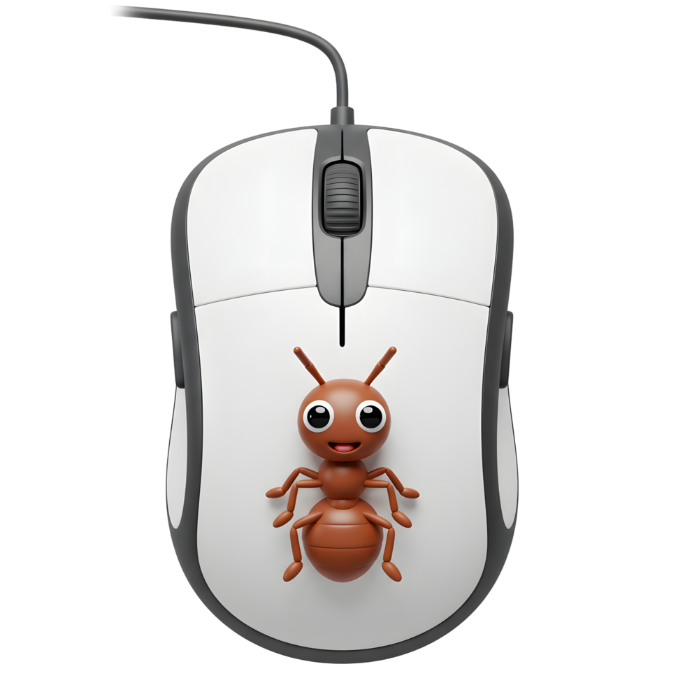 A charming 3D-rendered image shows a happy cartoon ant perched on a modern white computer mouse. The scene is bright and cheerful, conveying a playful mood. png