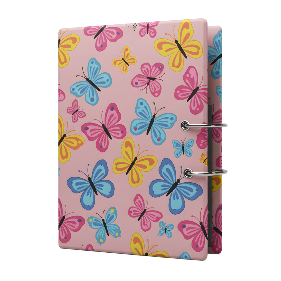 A delightful pink notebook adorned with vibrant butterflies. Cheerful colors and a playful design create a happy and charming mood. png