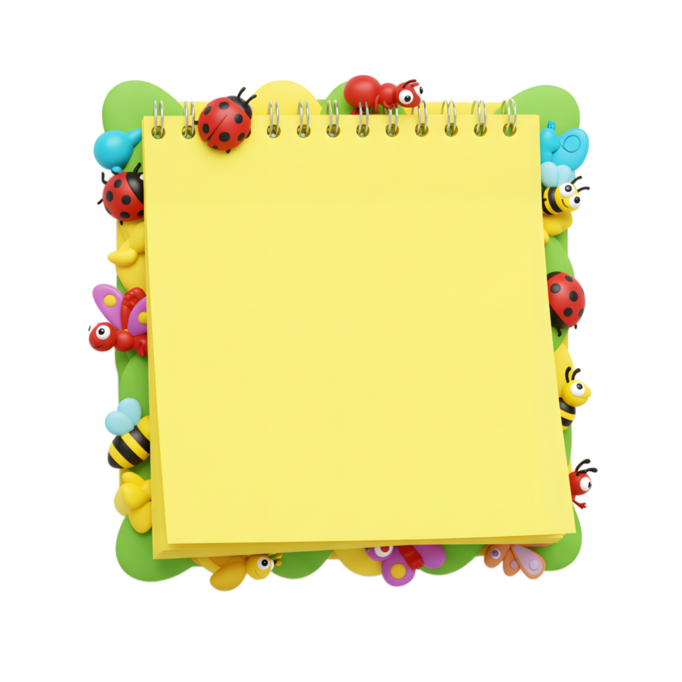 A vibrant yellow notepad, nestled in a whimsical green frame, is adorned with charming insect figurines. Ladybugs, bees, and ants create a joyful, spring-like scene. png