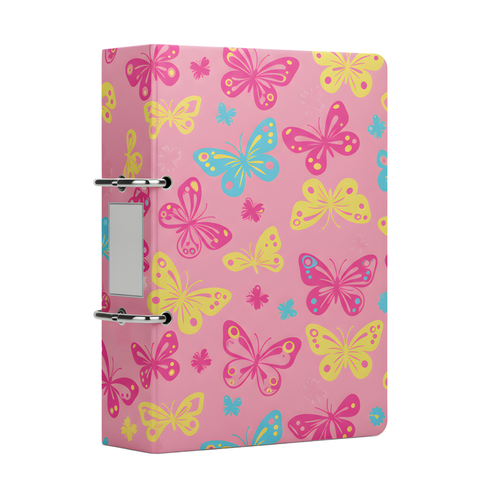 Charming pink binder adorned with colorful butterflies, creating a cheerful and whimsical vibe. Perfect for organization with a touch of style png