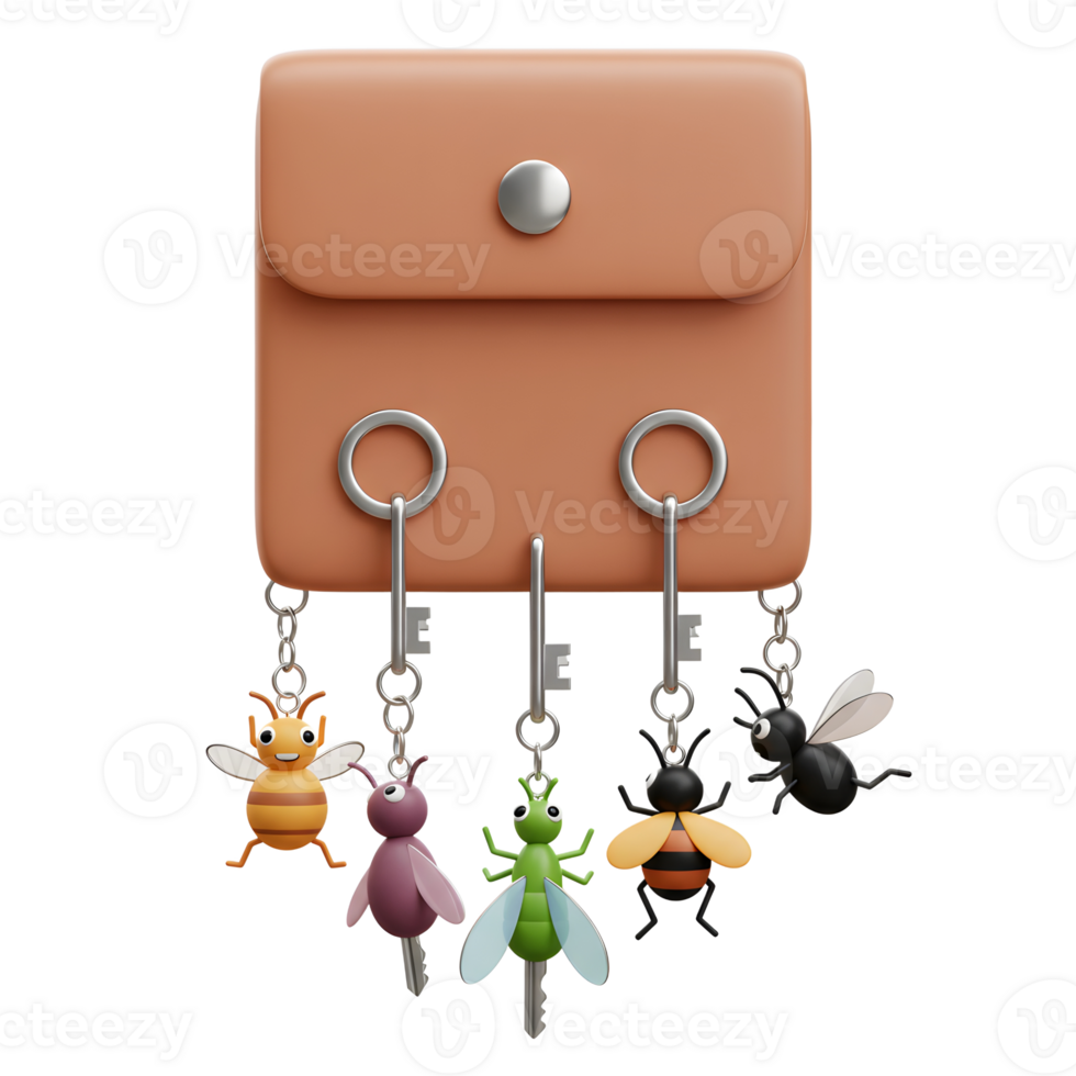 Adorable cartoon insect keychains dangle playfully from a terracotta leather key holder, creating a whimsical and cheerful scene. png