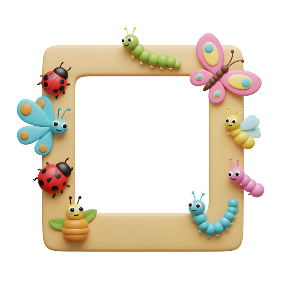 Whimsical 3D-rendered insects ladybugs, butterflies, and caterpillars decorate a simple beige frame, creating a sweet and playful scene. png