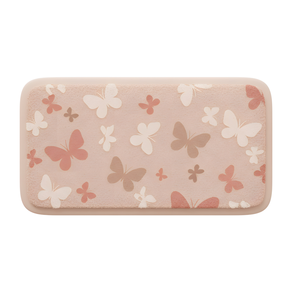 A charming blush pink bath mat adorned with a delicate scattering of butterflies in varying shades of pink and white. Soft, subtle, and serene. png