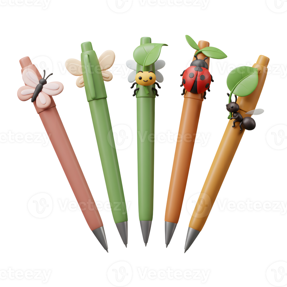 Five charming pens feature cute insect and leaf accents. A playful, cheerful design perfect for nature lovers png