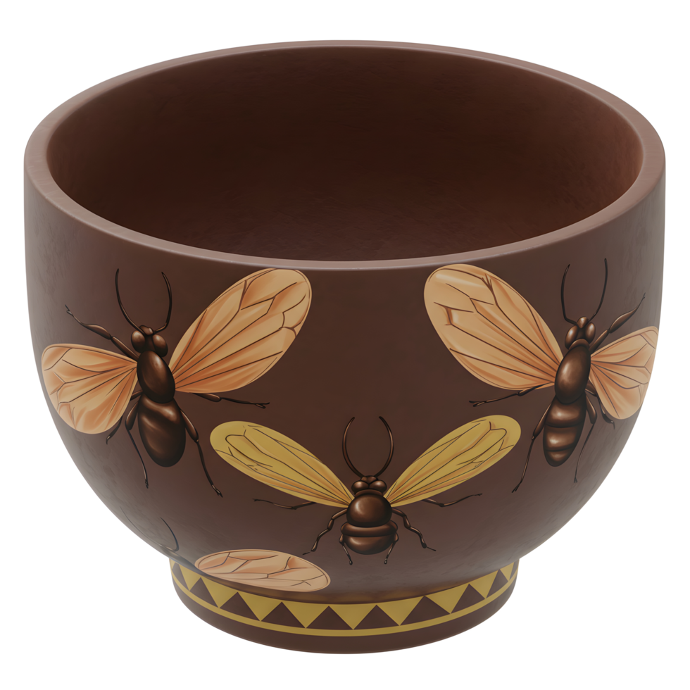 A charming brown ceramic bowl features a delightful hand-painted design of insects with delicate wings, creating a rustic yet elegant feel. png