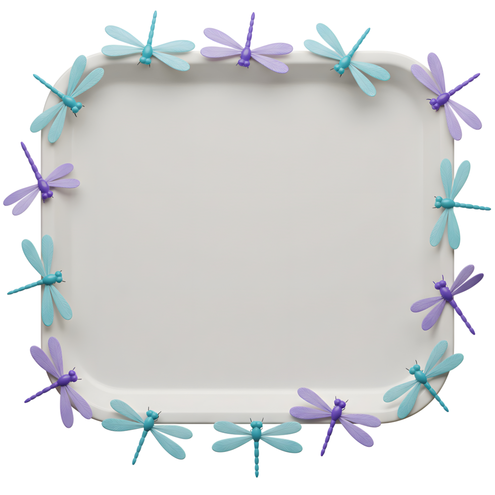 Delicate pastel dragonflies encircle a simple white tray, creating a peaceful and charming scene. Perfect for springtime designs png
