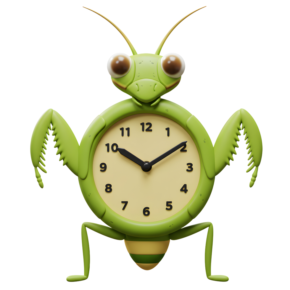 A charming green mantis playfully holds a round clock, its large eyes and friendly smile creating a whimsical, cheerful atmosphere. Perfect for kids' rooms png