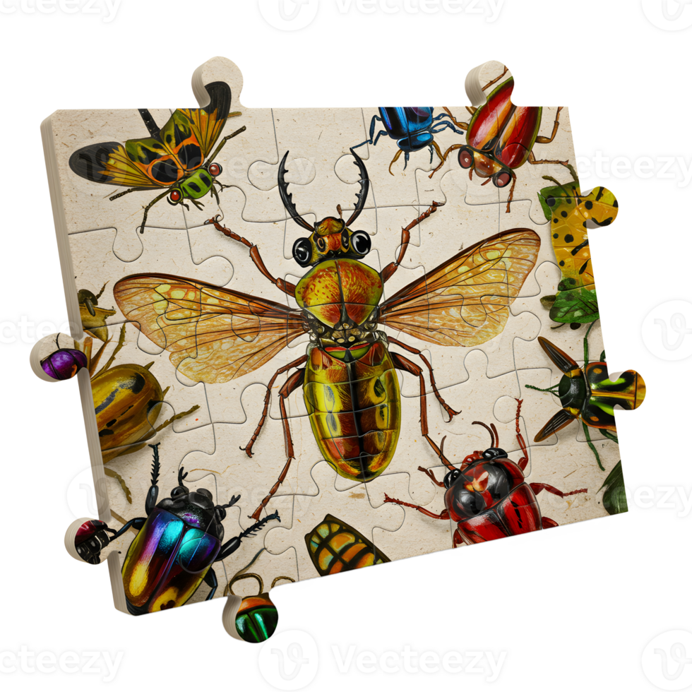 Step into a world of vibrant insects This captivating puzzle features intricately detailed, colorful beetles and other bugs in a vintage style. A beautiful and engaging challenge. png