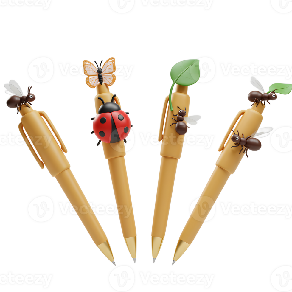 Adorable insect figurines top these stylish pens, creating a fun, nature-themed stationery set. Perfect for adding a touch of whimsy to your desk png