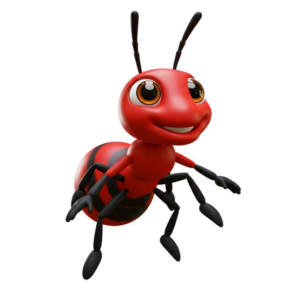 A charming, 3D-rendered red ant smiles cheerfully. Its segmented body and oversized eyes create a fun, cartoonish effect. A delightful image png