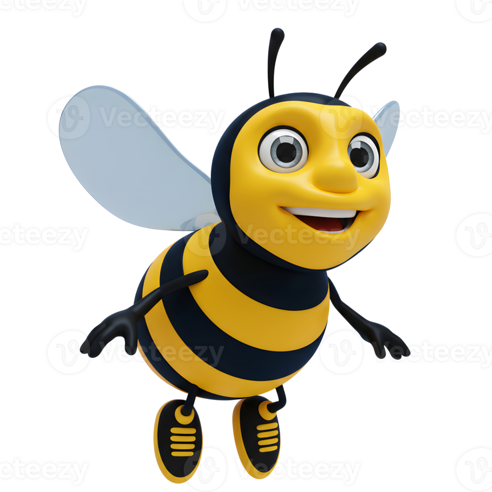 A cheerful cartoon bee takes flight, its bright yellow and black stripes gleaming. A big smile and tiny shoes add to its playful charm. Pure happiness png