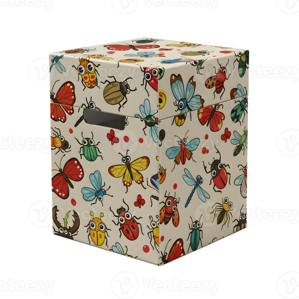 A delightful storage box adorned with a playful pattern of vibrant insects and butterflies. Its cheerful design and practical use make it a charming addition to any room. png