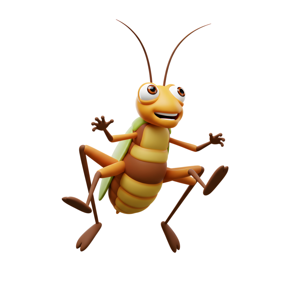 A happy cartoon cricket leaps into the air, its cheerful expression and vibrant colors creating a playful and lighthearted mood. Its segmented body and long legs are strikingly detailed. png