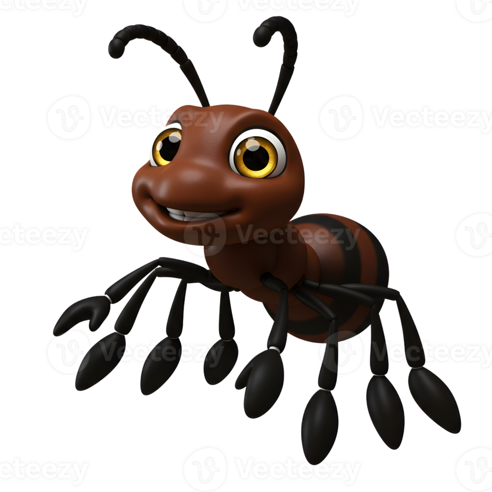 A friendly cartoon ant smiles broadly, its shiny brown body and playful pose creating a cheerful and charming image. The details are simple yet expressive. png