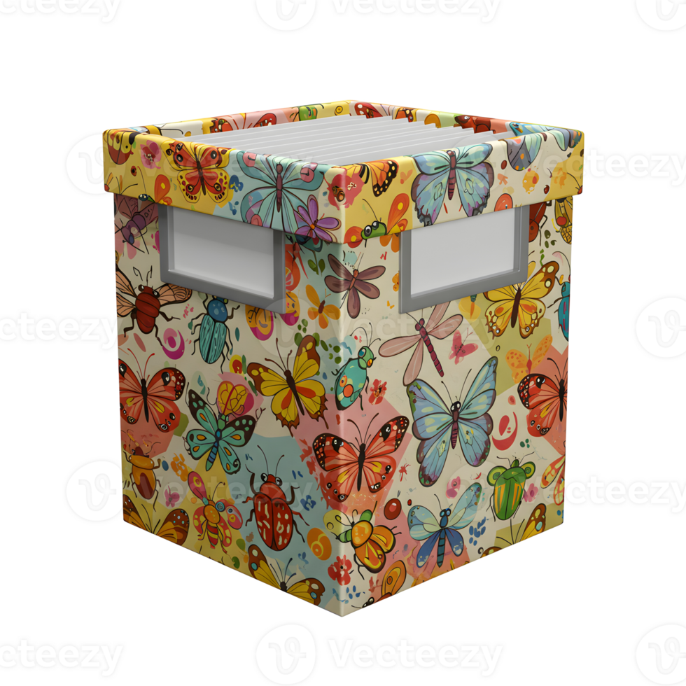 A delightful storage box adorned with vibrant butterflies, dragonflies, and insects. Its cheerful design creates a playful and uplifting mood. png