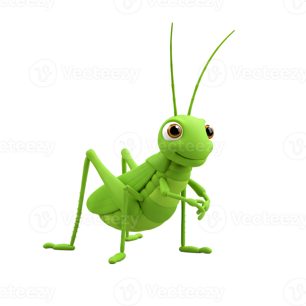 A charming, bright green grasshopper smiles cheerfully. Its cartoonish features and playful pose create a delightful, whimsical mood. png