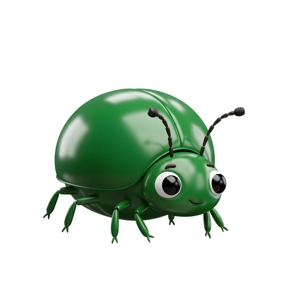 A charming green ladybug, rendered in 3D, smiles cheerfully. Its shiny shell and big eyes create a cute and friendly cartoon effect. png