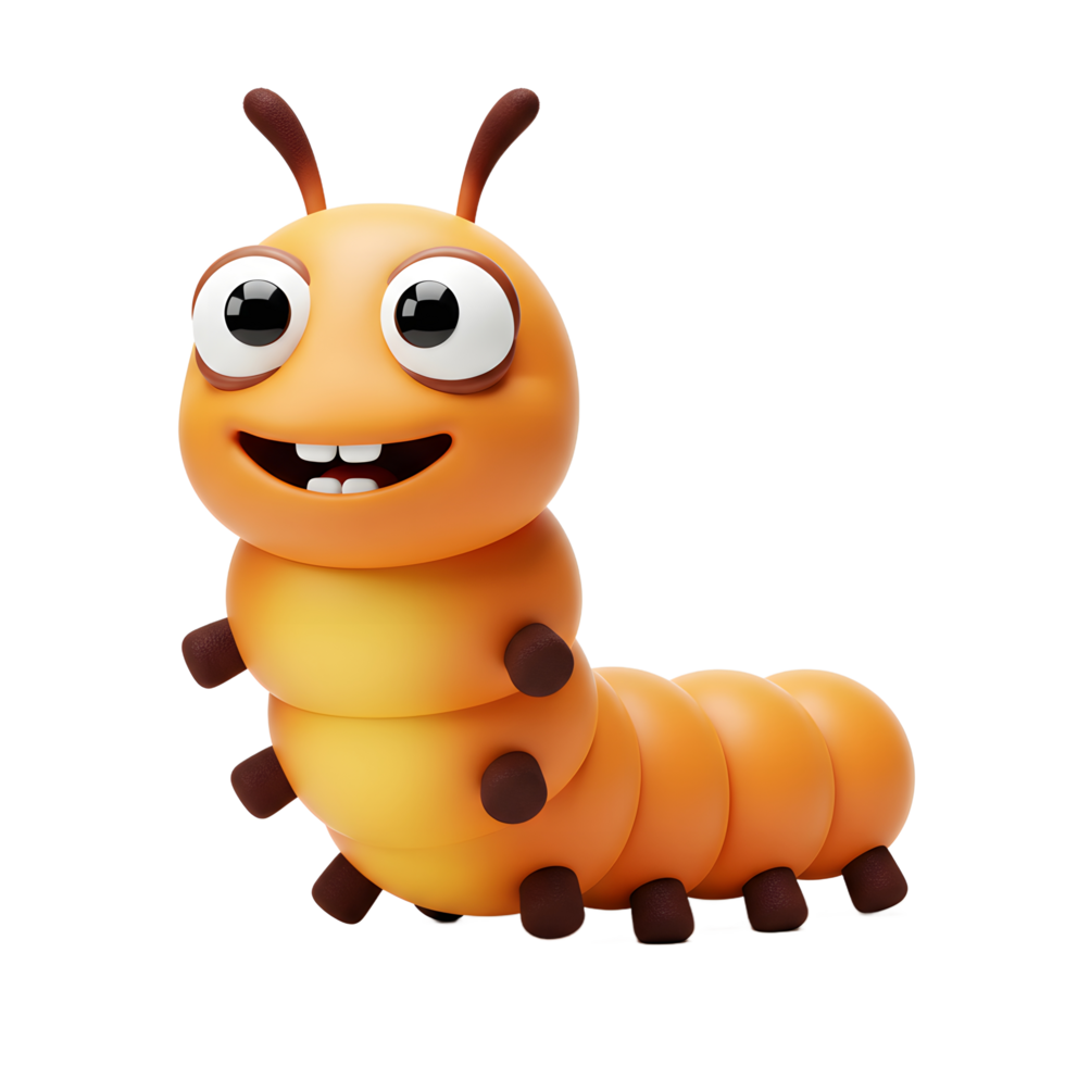 A happy orange caterpillar smiles broadly, its large eyes sparkling with joy. This charming 3D character exudes playful energy and warmth. png