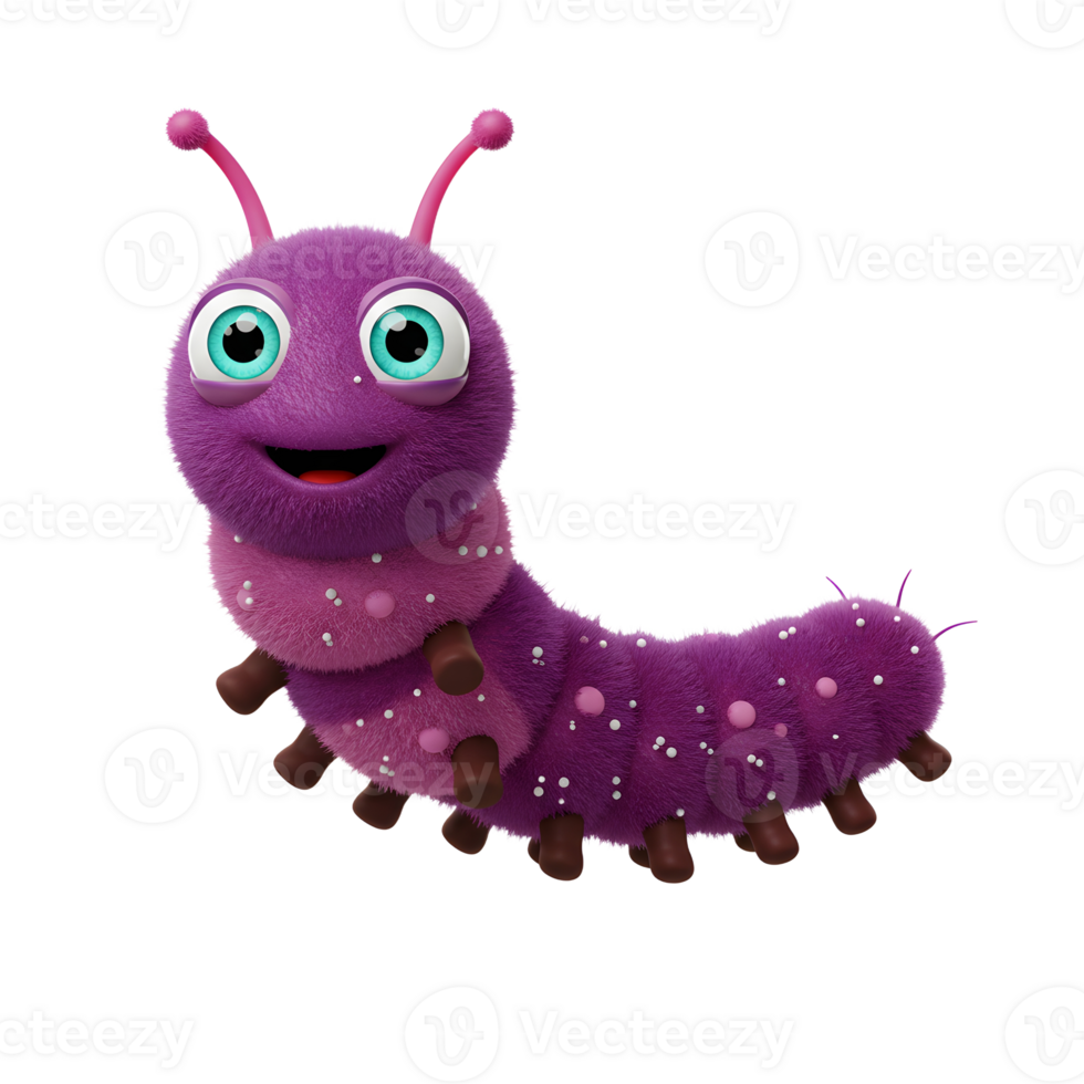 A charming purple caterpillar smiles playfully Its fluffy body and bright eyes create a joyful, cartoonish mood. png