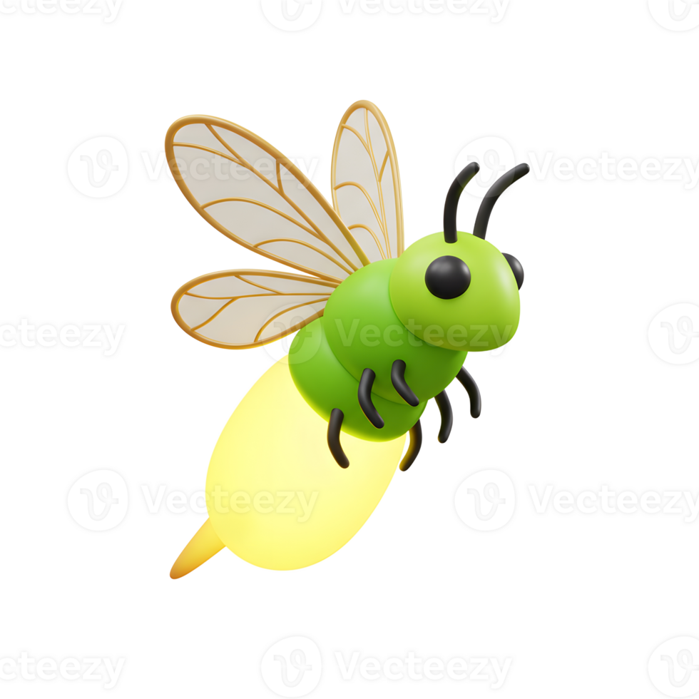 A cheerful, bright green firefly with translucent golden wings glows softly in the night. Its adorable design creates a whimsical, happy mood. png