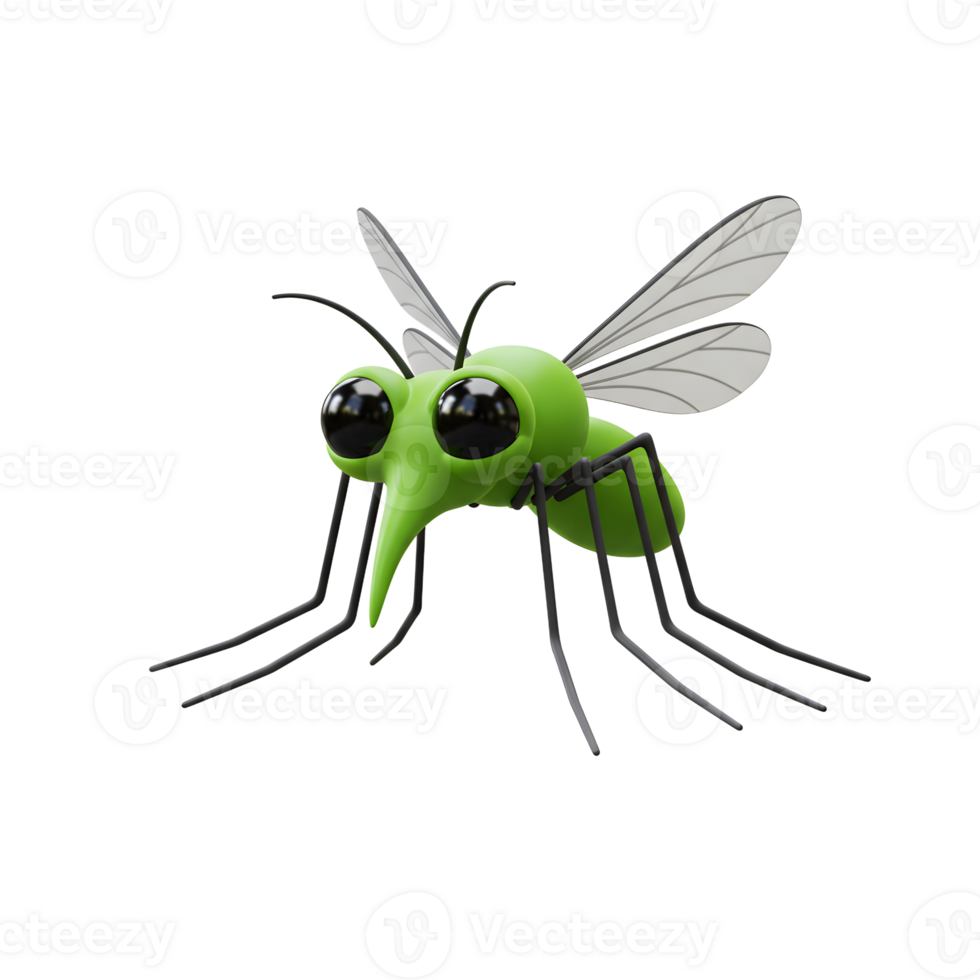 A charming, green cartoon mosquito with big eyes and long legs. Its playful design creates a lighthearted, whimsical mood. png