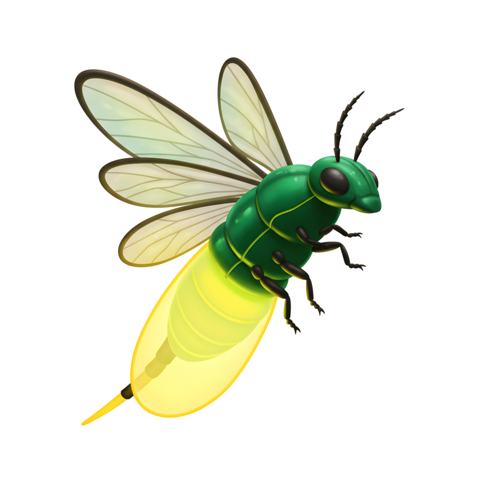 A vibrant green firefly takes flight, its glowing abdomen illuminating the scene with a warm, enchanting light. Delicate wings and intricate details create a magical atmosphere. png