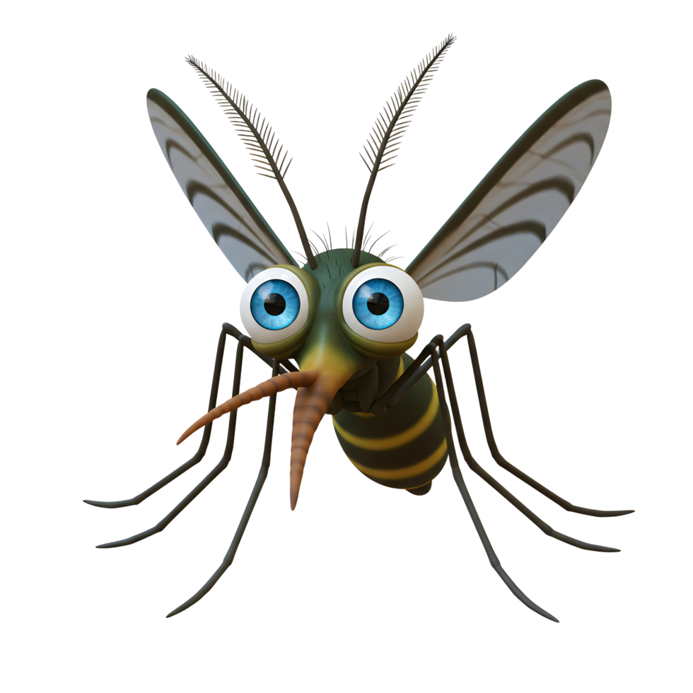 A friendly cartoon mosquito with bright blue eyes and striped wings floats playfully. Its cheerful expression and vibrant colors create a fun, lighthearted mood. png