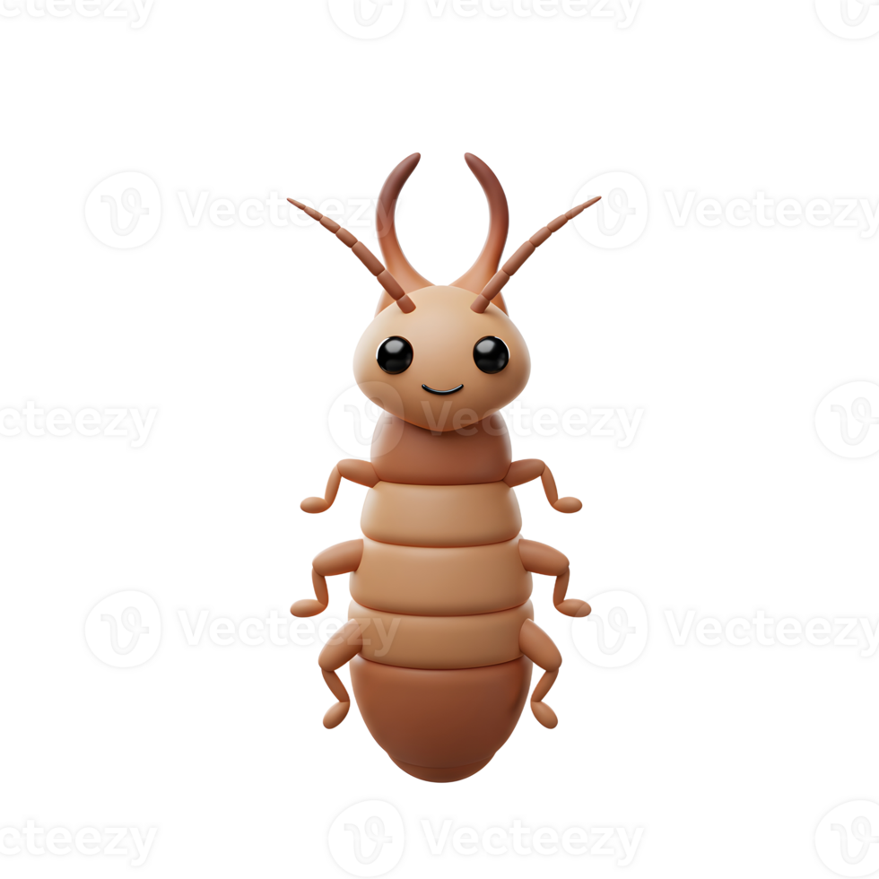 A delightful 3D-rendered cartoon termite smiles cheerfully. Its segmented body and antennae are rendered in a light brown, creating a friendly and approachable image. png