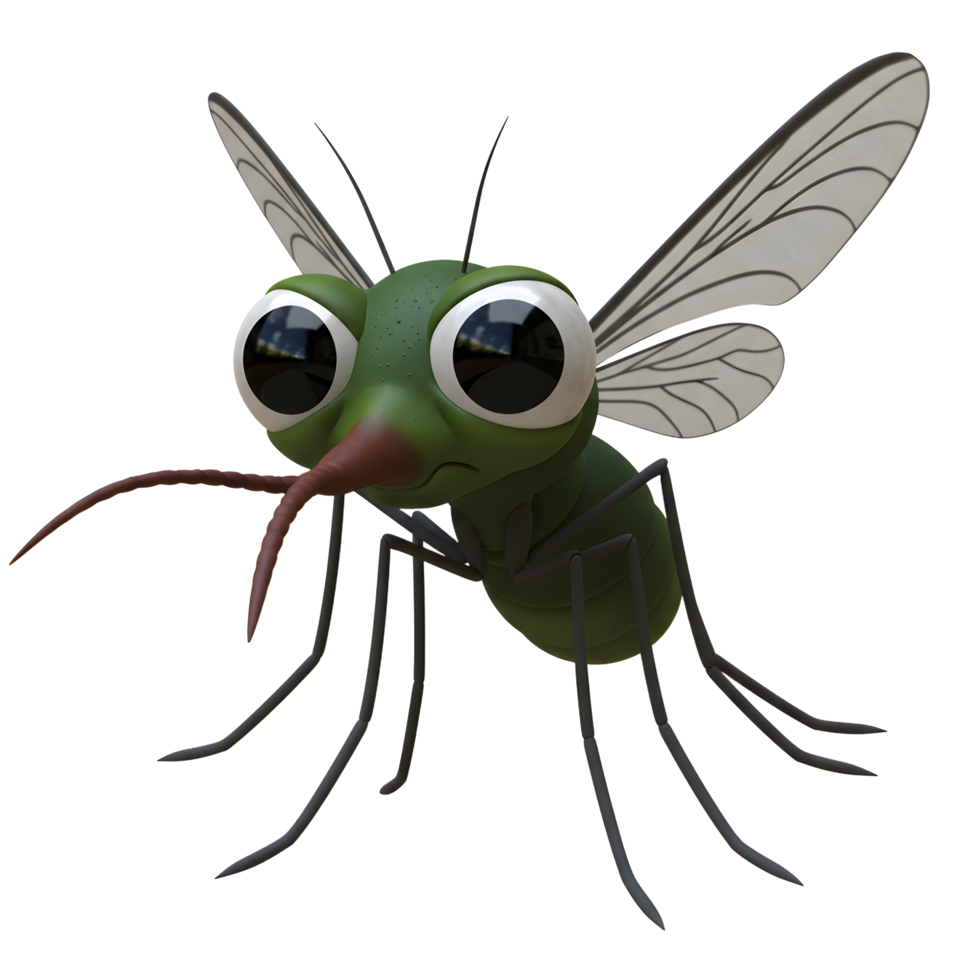 A charming cartoon mosquito with oversized eyes and delicate wings. Its green body and long legs give it a playful yet slightly mischievous look. A fun, whimsical illustration. png