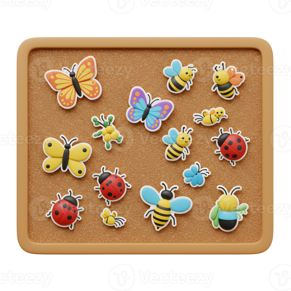 A cheerful corkboard displays adorable 3D insects butterflies, bees, and ladybugs in vibrant colors. Sweet and playful, it evokes a happy, sunny mood. png