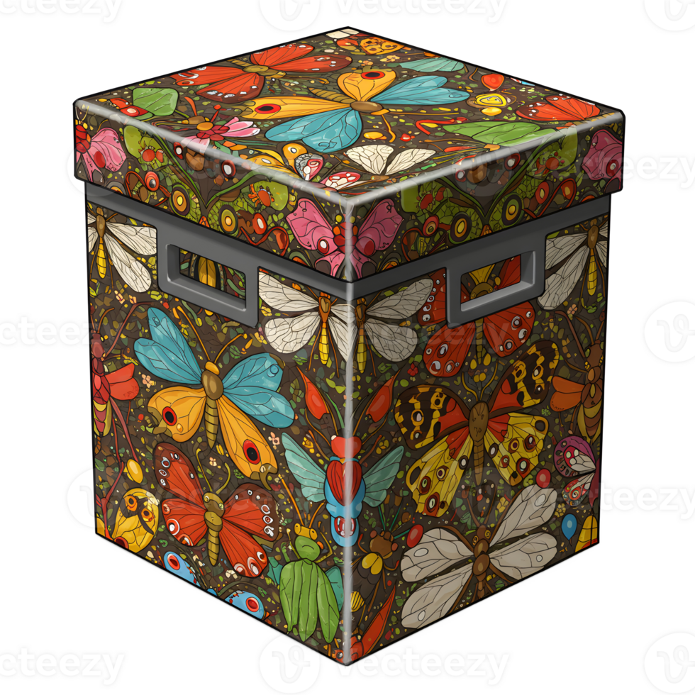 A charming storage box bursts with color Butterflies, dragonflies, and beetles in vibrant hues cover every surface, creating a cheerful, whimsical scene. png