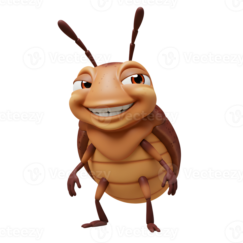 A friendly cartoon beetle smiles broadly, its segmented body and antennae adding to its charming, playful design. The 3D render creates a cheerful, lighthearted mood. png